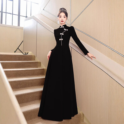 黑色晚礼服女轻奢小众高端宴会高级感新中式主持人艺考裙2025新款