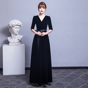 黑色晚礼服女长裙民乐合唱指挥礼服高端大气丝绒合唱团舞台表演服