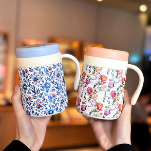 保温杯女士高颜值2025新款带手柄办公室泡茶杯创意复古大口径水杯