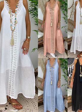 2020新款跨境亚马逊ebay春季女士大码无袖蕾丝拼接连衣裙9728