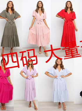 2021欧美v领亚马逊爆款纯色短袖长裙连衣裙大摆型11色4码波西米亚