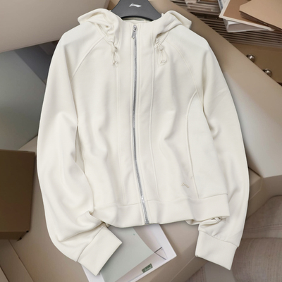 李宁外套女款2025秋季新品纯棉白色简约宽松开衫连帽卫衣运动潮流