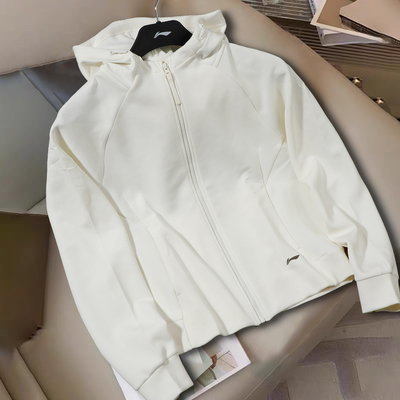 李宁女2025秋季新款运动休闲百搭舒适宽松拉链白色开衫连帽卫衣