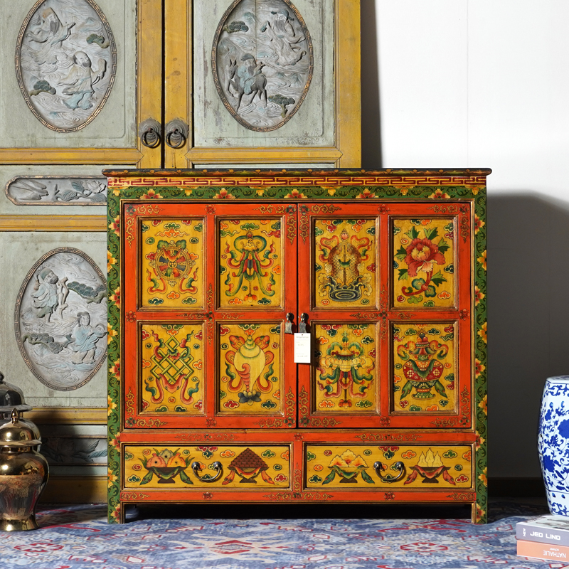 藏式实木彩绘玄关柜鞋柜复古做旧手绘家具中式古典门厅储物装饰柜
