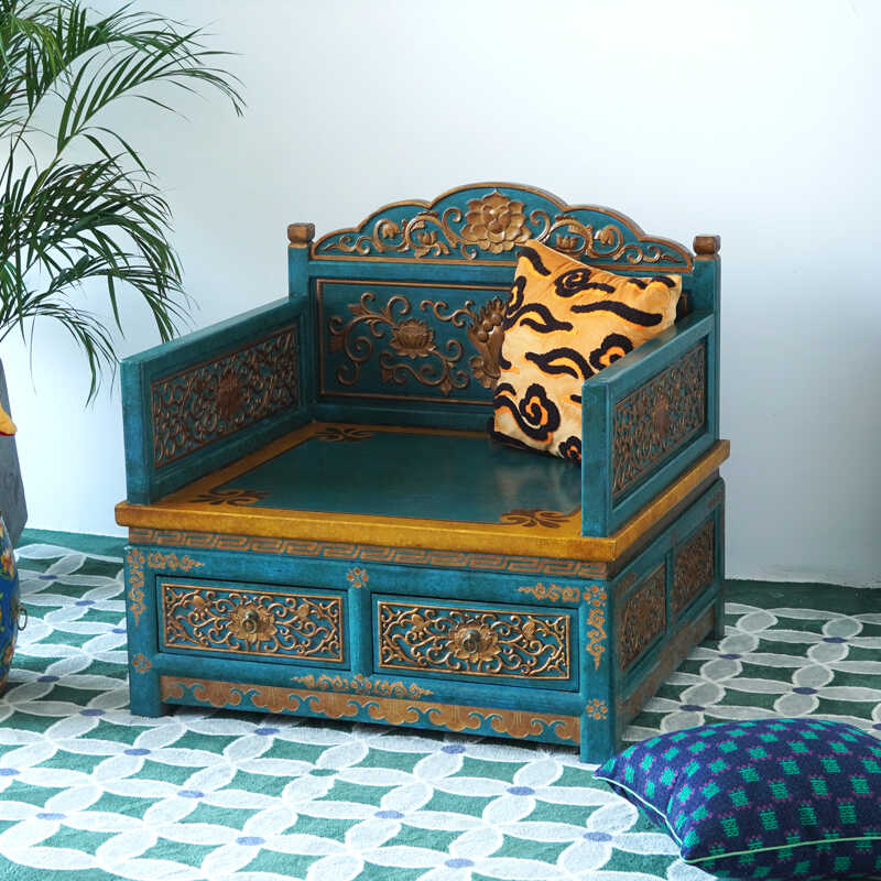 实木雕刻盘腿彩绘民宿藏式复古椅