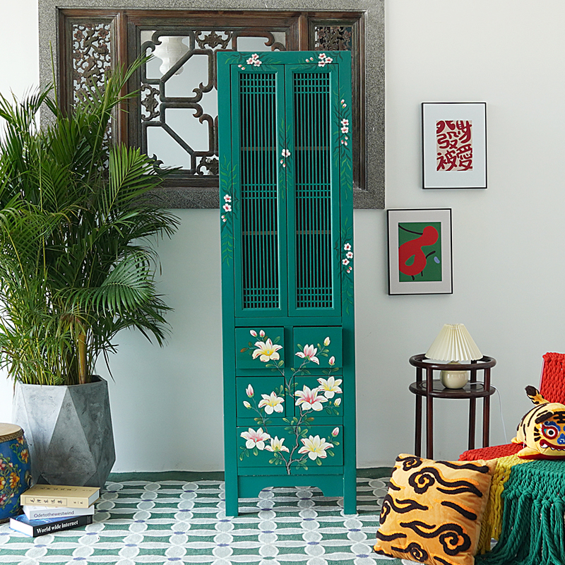 新中式复古实木手绘书柜榆木仿古做旧立柜彩绘家具衣柜收纳装饰柜