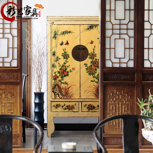 新中式衣柜复古做旧实木彩绘榆木储物柜陈列柜卧室收纳柜定制整装