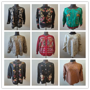 C16vintage古着毛衣开衫外套女秋冬款复古宽松杂色粗线粗针上衣