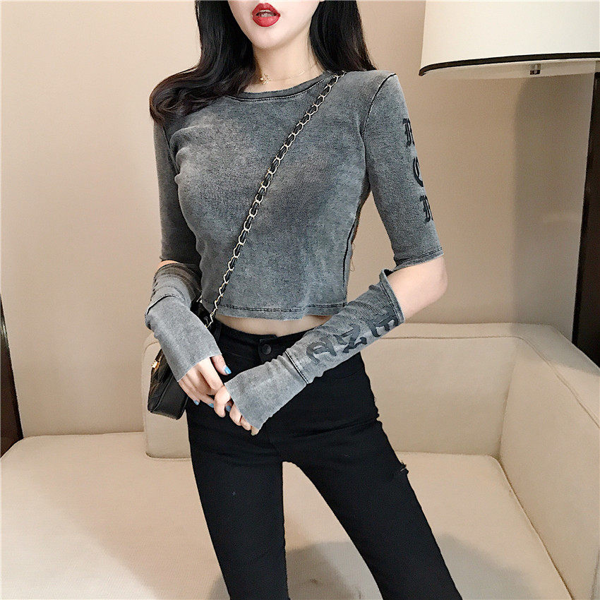 2023秋装chic紧身袖口破洞打底露脐短款上衣女复古港味长袖T恤潮