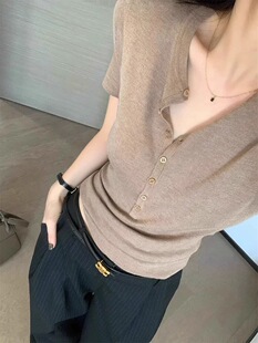 高级老钱风短袖针织衫女精仿羊毛修身正肩上衣2026夏圆领t恤