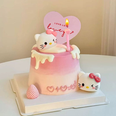 七夕情人节蛋糕装饰摆件软胶kitty猫头爱心卡片蜡烛烘焙甜品插件