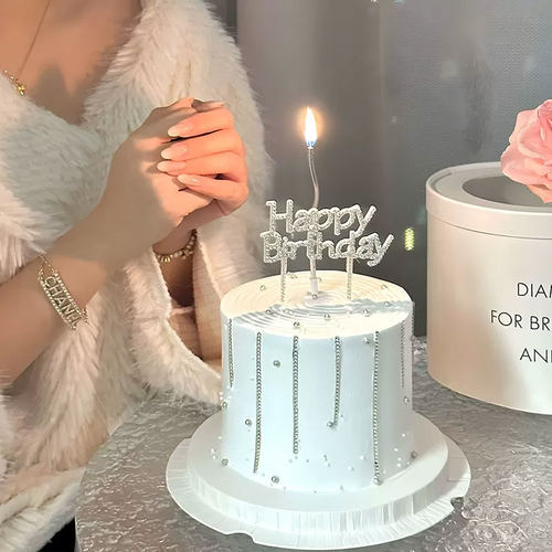 银色钻石英文生日快乐HB蛋糕装饰插件珍珠年龄数字女生生日插牌