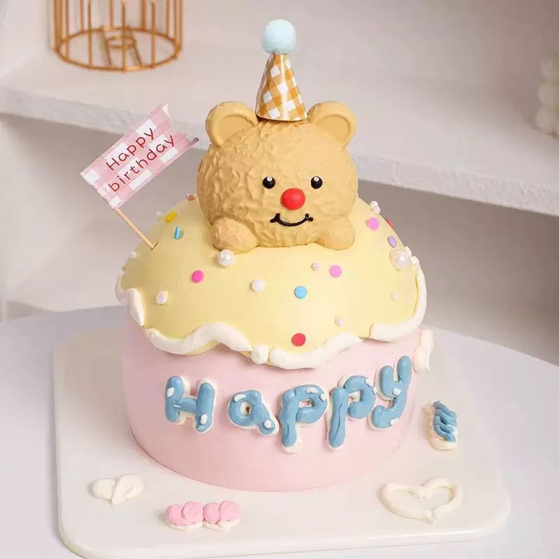 小红书同款蛋糕装饰软胶卡通立体黄油小熊头摆件儿童生日甜品插件