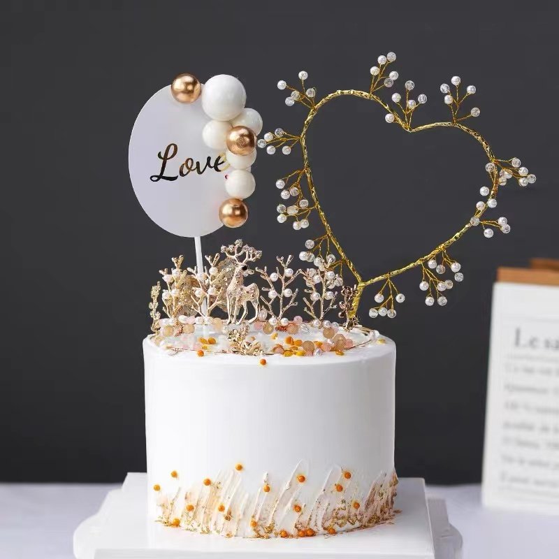女神蛋糕装饰摆件金色小鹿皇冠金球love大号珍珠爱心插环烘焙插件