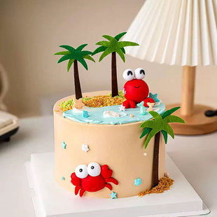 巨蟹座蛋糕装饰摆件网红ins风创意小螃蟹夏日海边椰子树烘焙插件