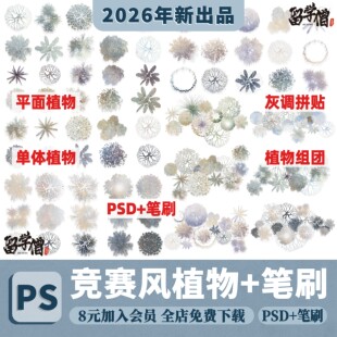 小清新彩平图植物PS笔刷高级感渐变平面树顶视图植物psd分层素材