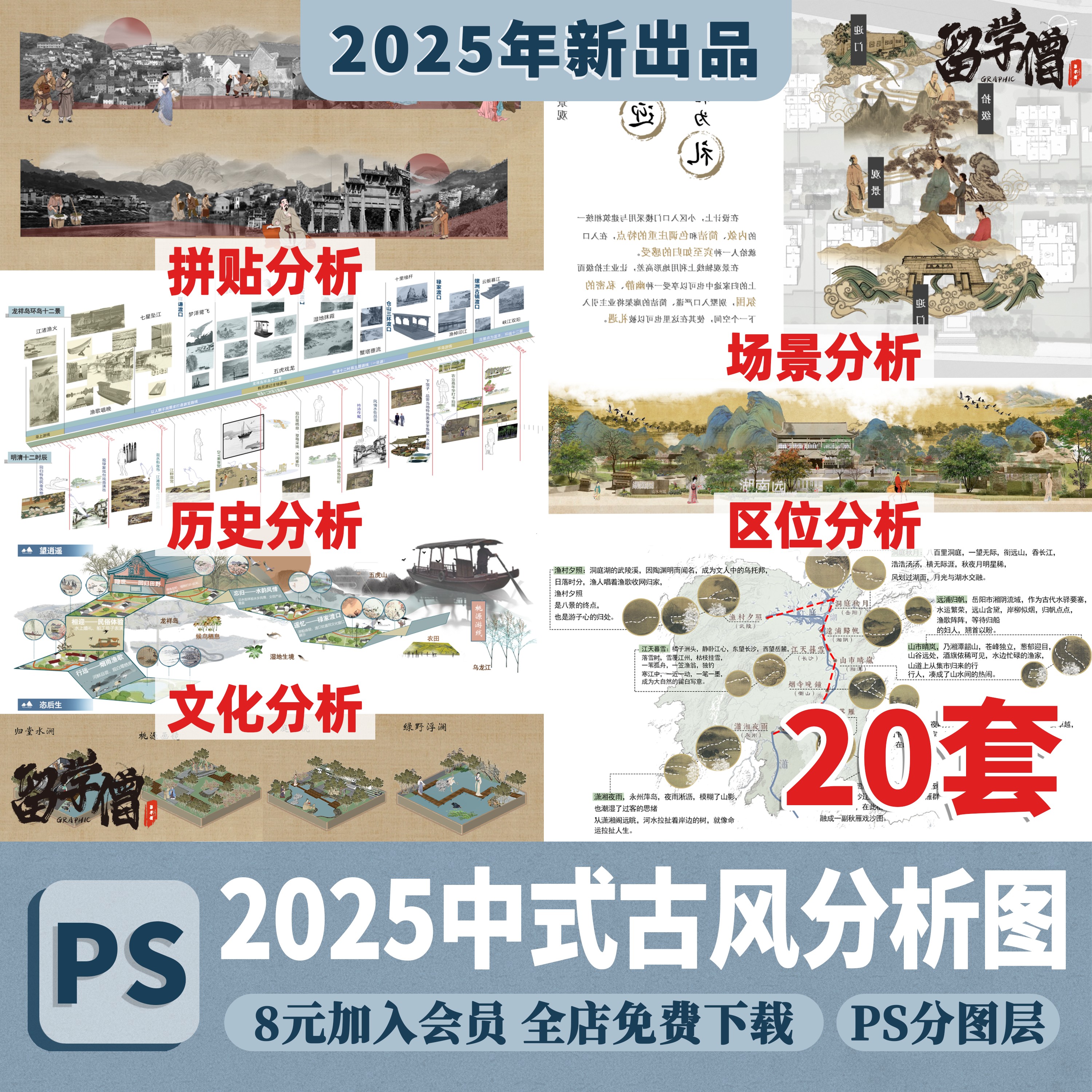 中式古风PS分析图景观区位人群历史文化设计构思场地模块PSD素材