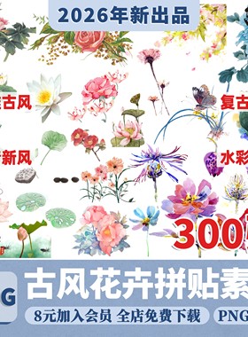 小清新复古风拼贴花卉ps素材晕染淡雅花卉PNG免抠图procreate素材