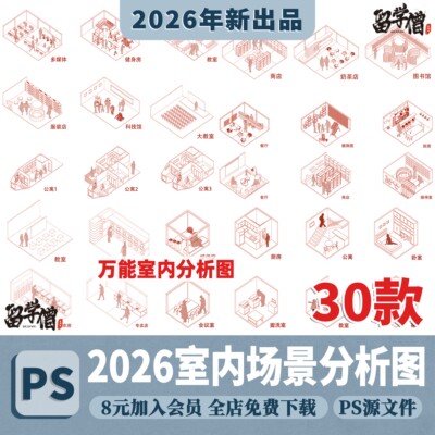 分析图室内空间设计示例图PSD源文件AI矢量图SU模型空间分析示意