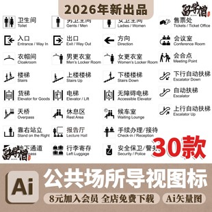 公共场所导视图标 男女卫生间楼梯电梯扶梯 AI格式矢量设计素材