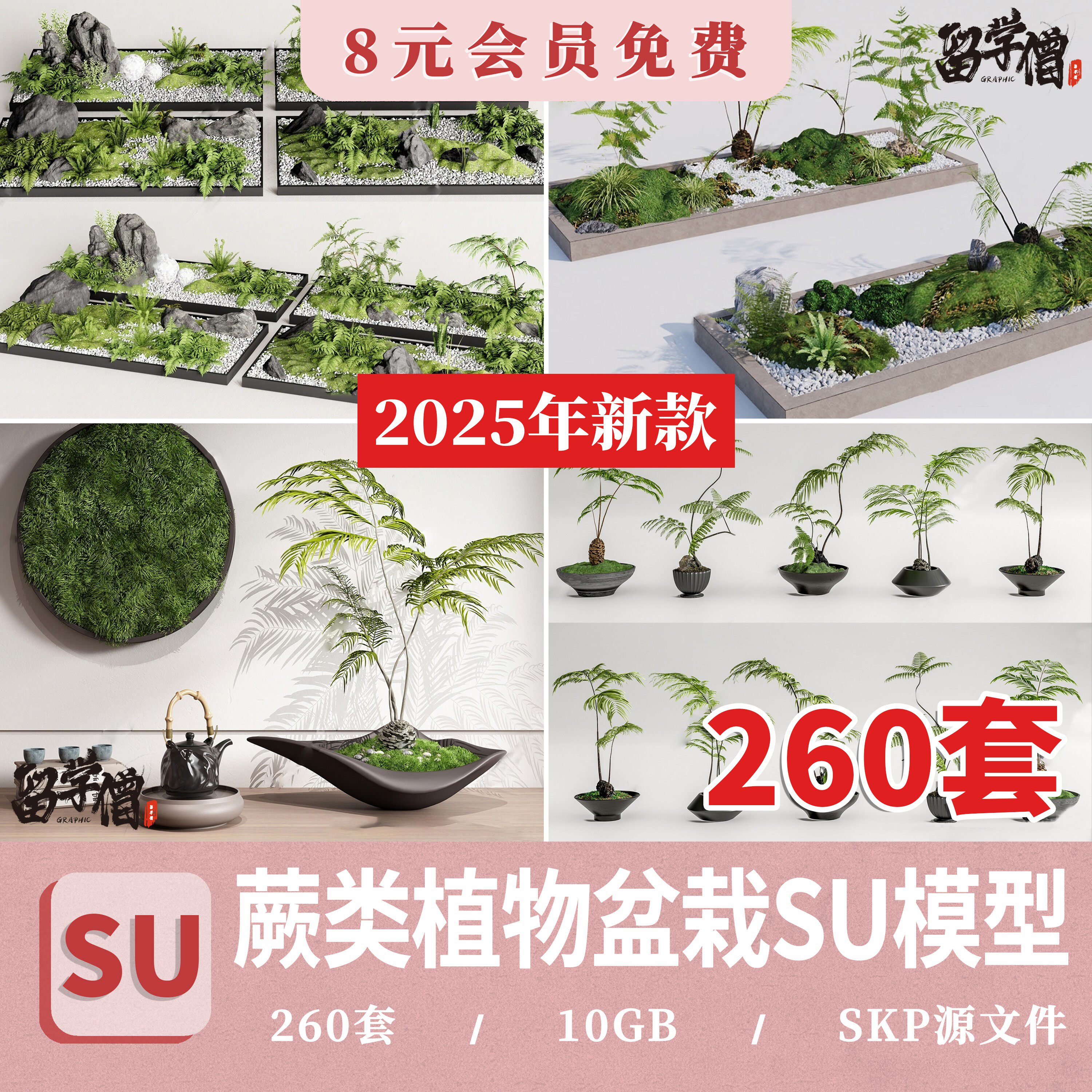蕨类盆栽植物SU模型库景观庭院园林小品绿植组合sketchup草图大师