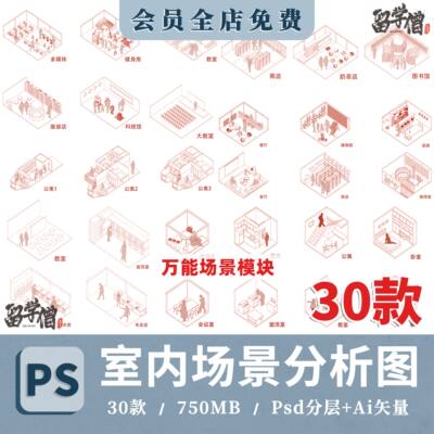 分析图室内空间设计示例图PSD源文件AI矢量图SU模型空间分析示意