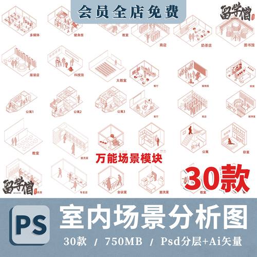 分析图室内空间设计示例图PSD源文件AI矢量图SU模型空间分析示意