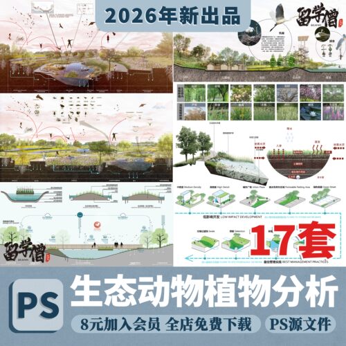 景观生态动物植物分析图PS湿地生物种植策略剖立面psd分层素材
