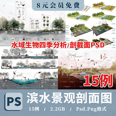 滨水驳岸竞赛剖面图分析ps湿地概念轴侧剖立面分析图建筑景观素材