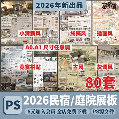 乡村民宿景观建筑室内别墅庭院设计改造分析图素材PS展板PSD模板