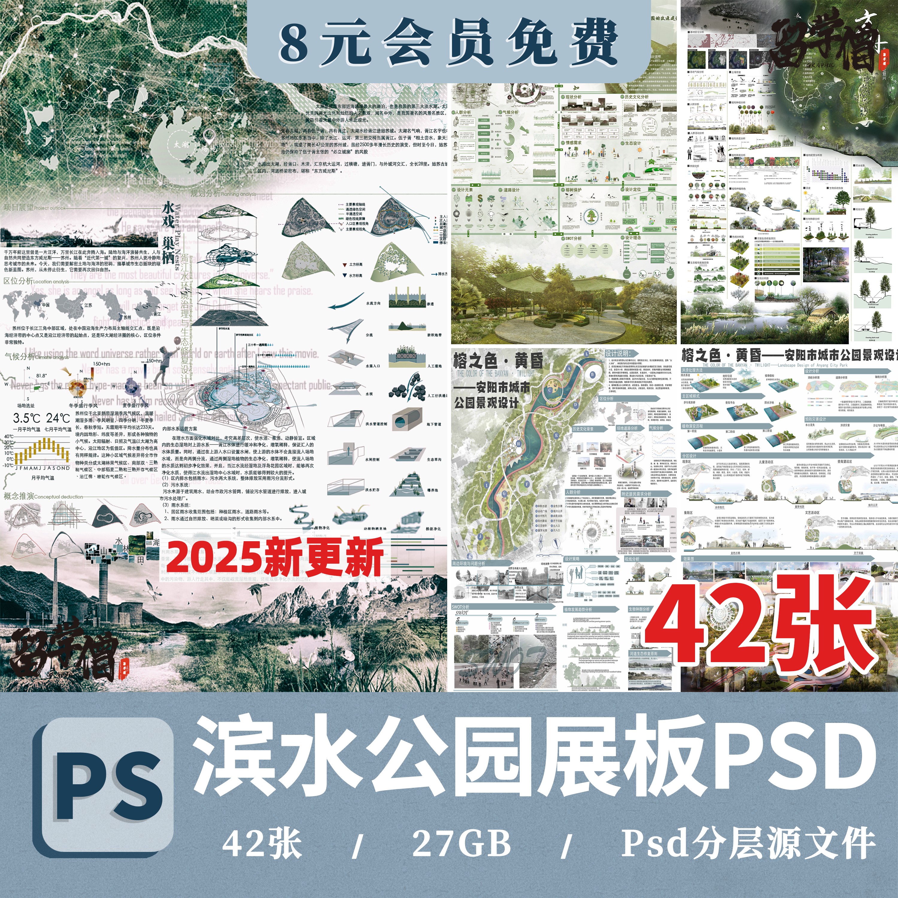 2025生态滨水湿地公园景观设计作品改造PSD分层素材模板PS展板
