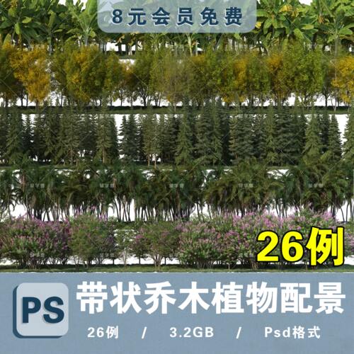 自然组团整齐带状花乔木松树林片植背景林PSD分层效果图免扣素材