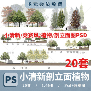 景观小清新树木psd植物PS平面立面剖面效果图海绵城市规划素材