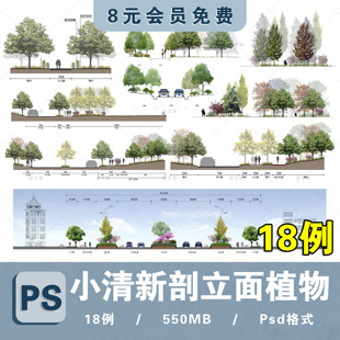 景观小清新树木PSD植物PS平面立面剖面png效果图海绵城市规划素材