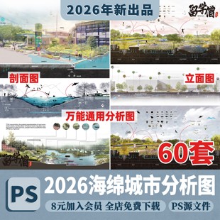 海绵城市雨水花园PSD分析图滨水湿地驳岸概念剖立面psd分析图素材