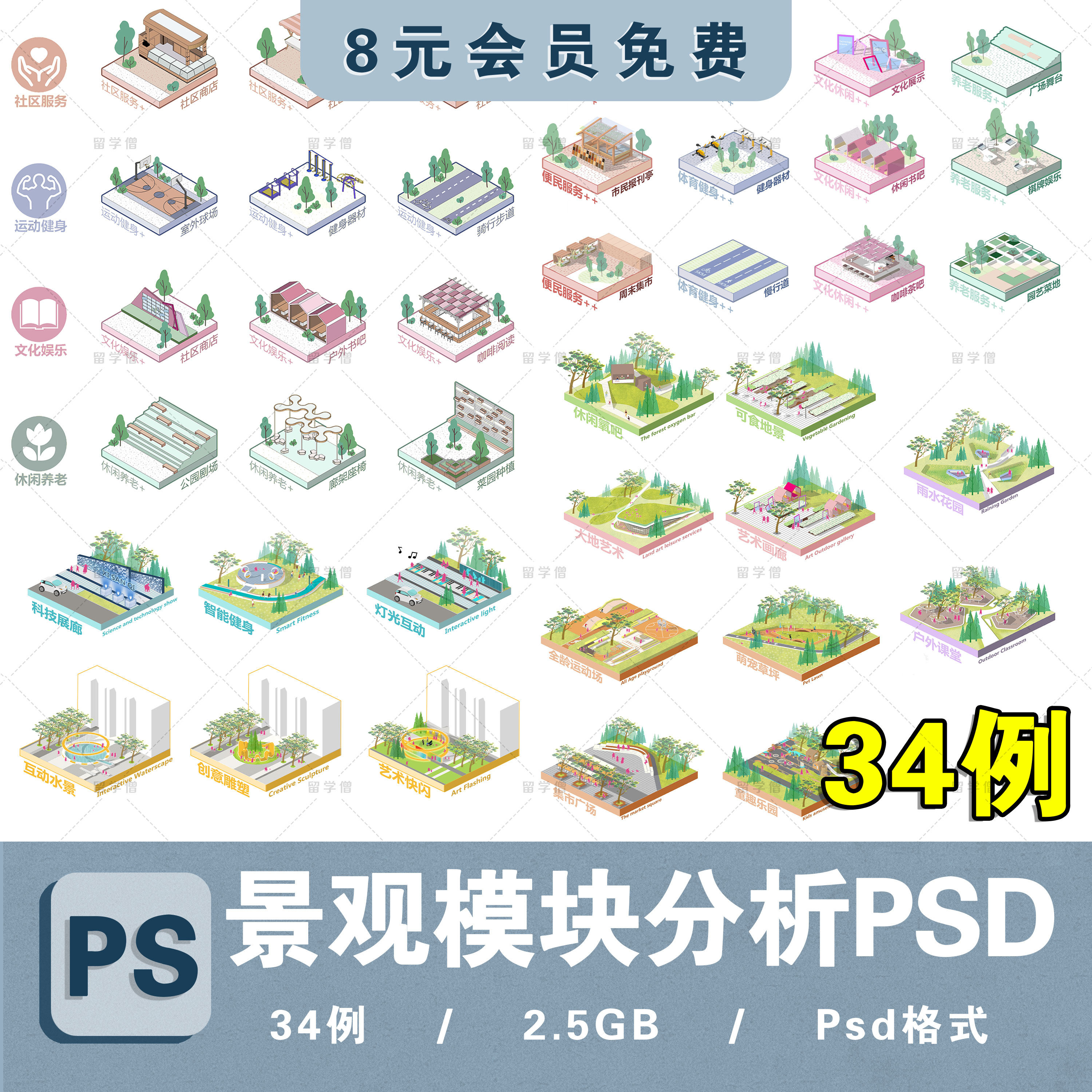 竞赛风小清新园林景观公园广场PS插画场景空间模块分析图PSD素材