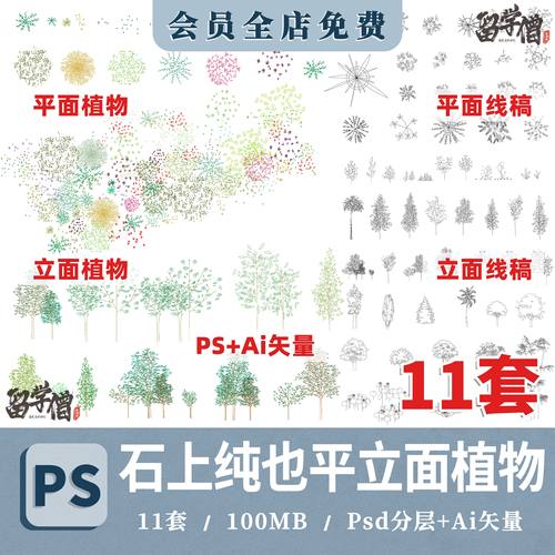 石上纯也植物线稿ai矢量图小清新PS平立面植物树cad景观建筑素材