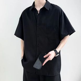 顺滑垂感半袖衬衣美日系简约短袖衬衫美式复古式痞帅潮牌外套冰丝