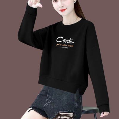 纯棉长袖t恤女春秋季新款潮韩版宽松小个子显瘦百搭短款黑色上衣