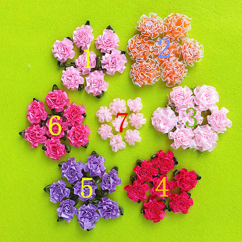 昆仑布艺 丝带缎带小玫瑰花朵 带绿叶布艺装饰小花 立体绣