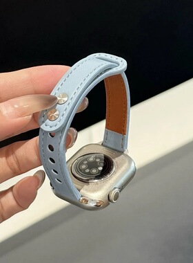 适用苹果iwatchs10手表带双钉扣表带s9/8/7/6/5/4/3皮质ultra腕带
