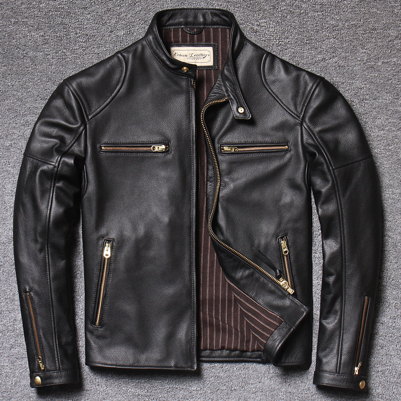 urban baron真皮皮衣男立领机车服黑色J100牛皮皮衣男装短款夹克