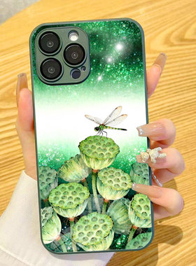 适用苹果17Pro手机壳iphoneAIR套13莲蓬清新雅致蜻蜓中国风OPPOFindx9绿色挂绳VIVOX300华为nova14荣耀magic8