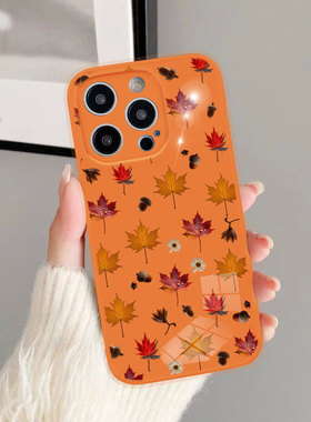 适用IP14PM秋天枫叶iphone17Promax手机壳新款苹果16保护套13橡果12橙色11玻璃16E高档17air冬15Plus十七17PR