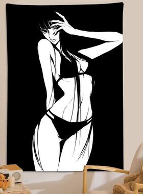 动漫插画手绘挂布ins风竖版黑白女孩卧室宿舍遮丑墙面装饰背景布