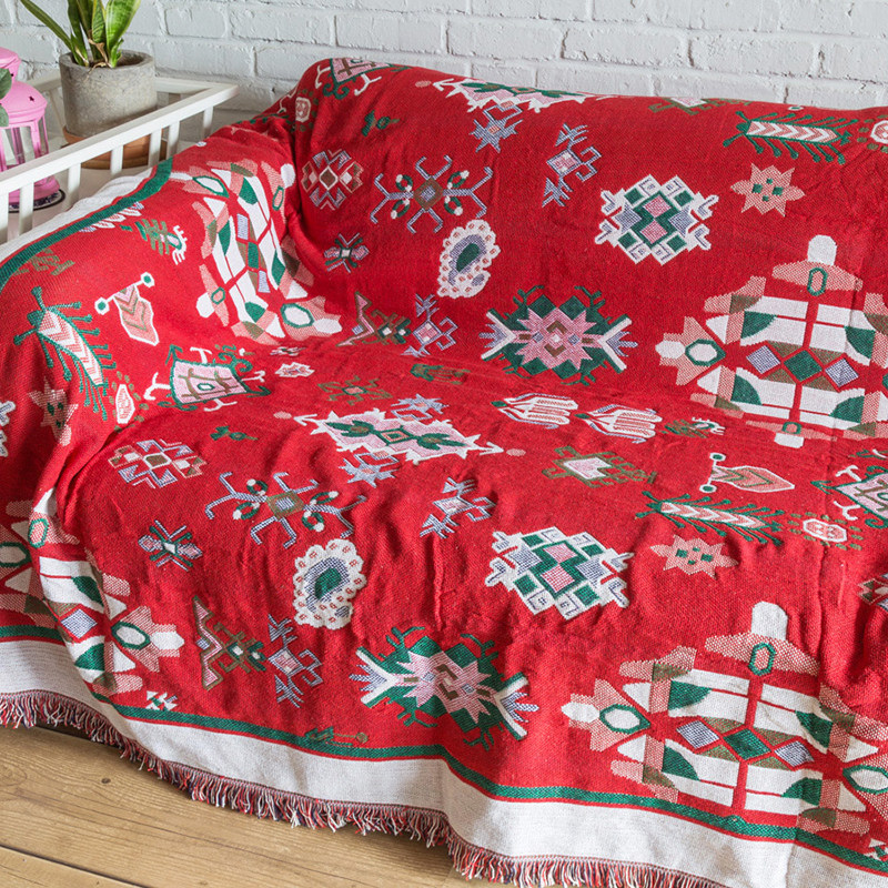 美式棉线全盖单双三人防滑毯垫圣诞图案线毯床盖客厅地毯