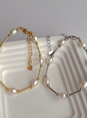 韩国设计感天然淡水珍珠拼接不锈钢金属手链女 时尚个性百搭手饰