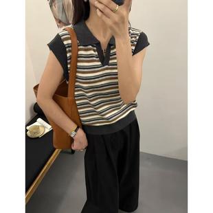 E简约复古显瘦翻领小飞袖 撞色条纹Polo领针织衫 上衣女25早秋新款