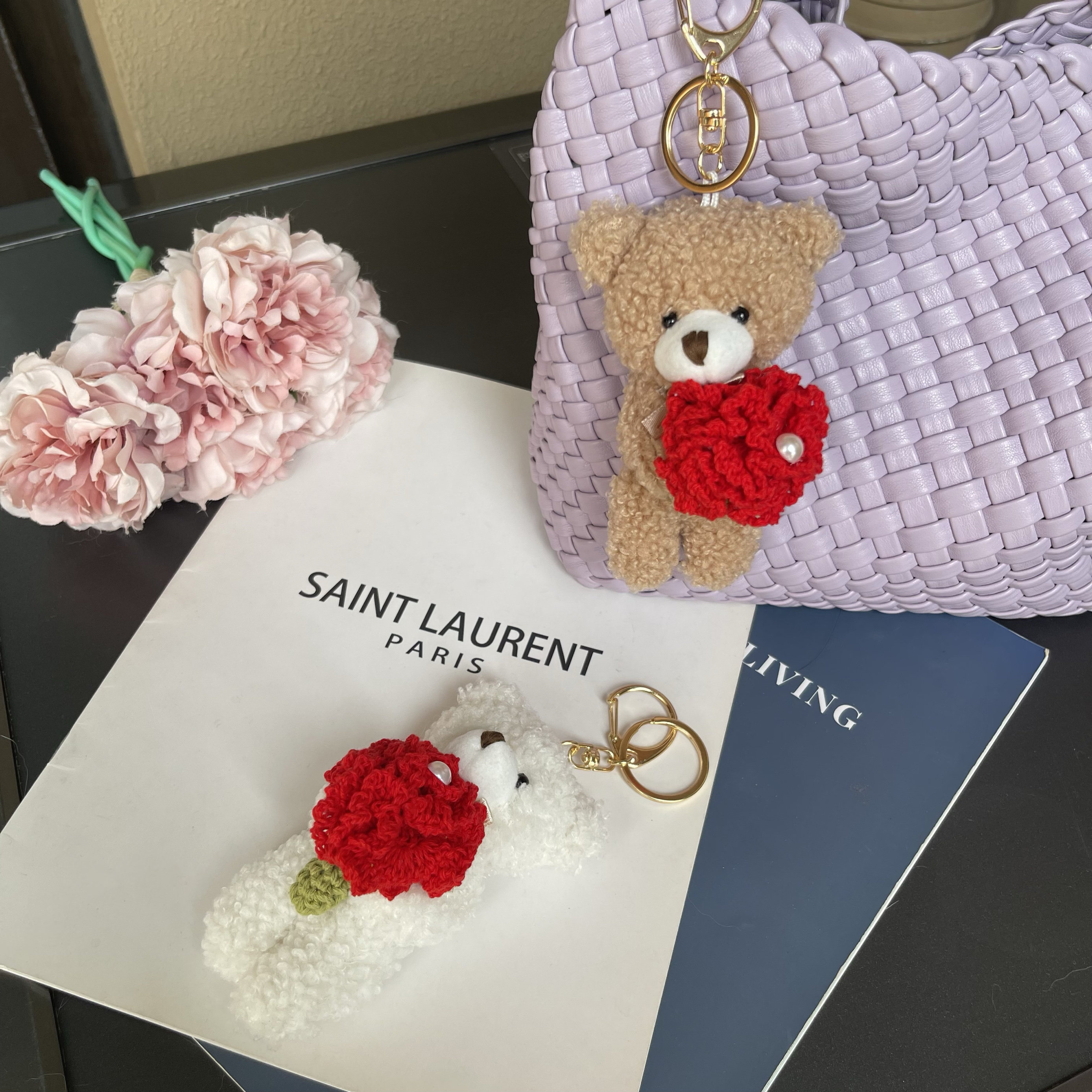 韩国进口毛线玫瑰花小熊挂件包钥匙扣可爱甜美送女友闺蜜表白礼物