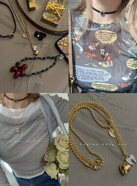 yokikoshop甜酷风黑色皮质蓝宝石颈链金属叠戴双层项链小众设计感